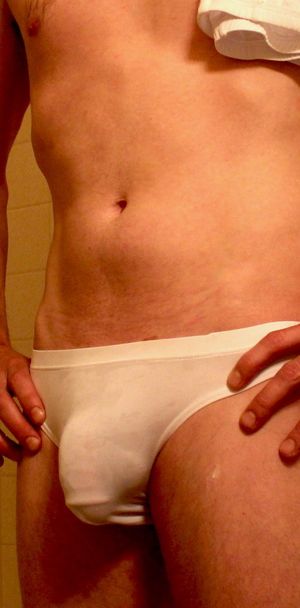 My jock bulge in wet briefs after a swim