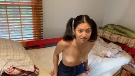 Quiet Asian does anal sex and cum on tits