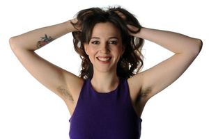 Brunette with Hairy Armpits in Purple Dress