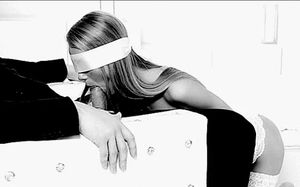 Blindfolded and sucking my hard cock
