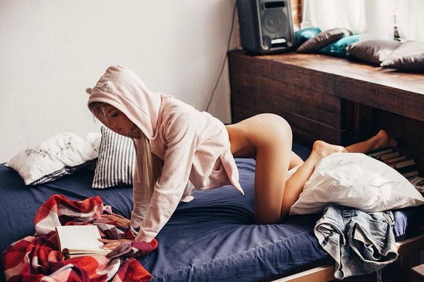 Bottomless teen in hoodie