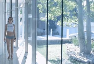 A walk in a glass hallway wearing a crop and really short shorts