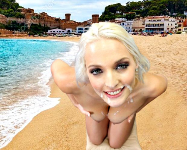 perfect blonde babe with beautiful body with cum on face & tits very sexy posing in public on the beach