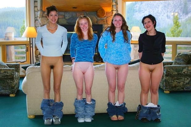 4 Milfs happily drop their pants to show off their beautiful pussies