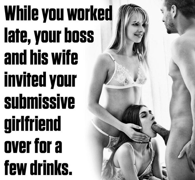 Your wife loves submitting to your boss and his wife while you work late.