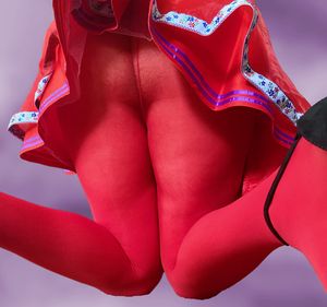 Her red pantyhose on display