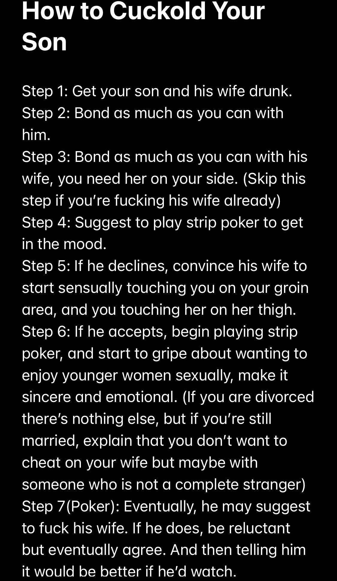 This is part one of How to Cuckold Your Son. Email me at endoweddaddy@gmail,com with the results.