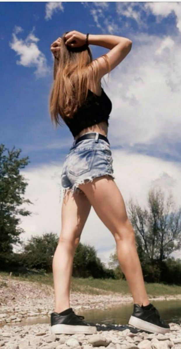 perfect babe with beautiful body, ass & legs in denim shorts very sexy posing in public on nature