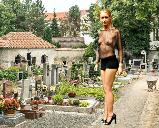 the grieving widow with beautiful body, tits & legs very sexy posing in public in cemetery