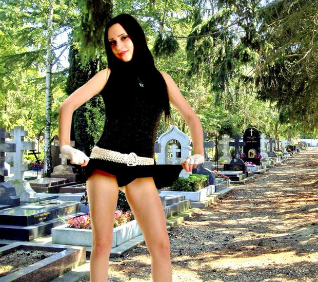 the grieving  widow with beautiful body, pussy & legs upskirt & very sexy posing in public on cemetery