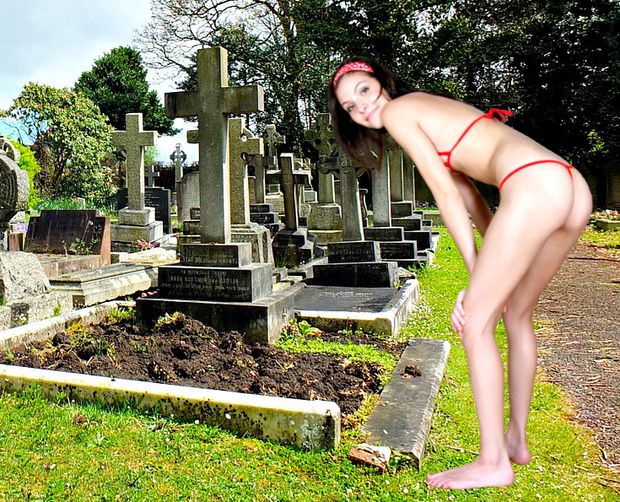 the grieving  widow with beautiful body, ass & legs in red lingerie very sexy posing naked in cemetery