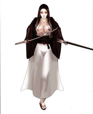 Female warrior in a kimono using a katana