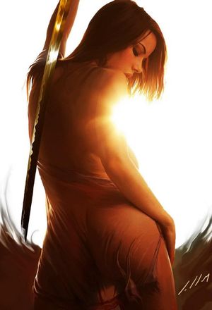 Katana wielding female warrior against the sun ligth