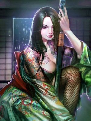 Tattooed kimono wearing katana wielding female samurai