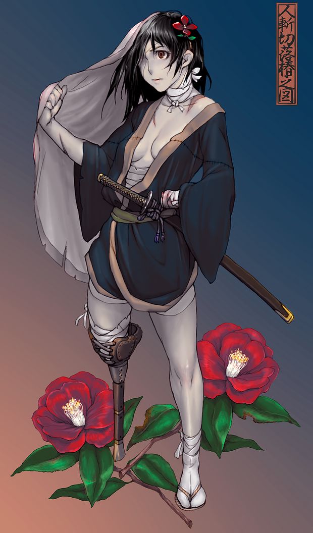 Battle-scarred katana wielding female samurai