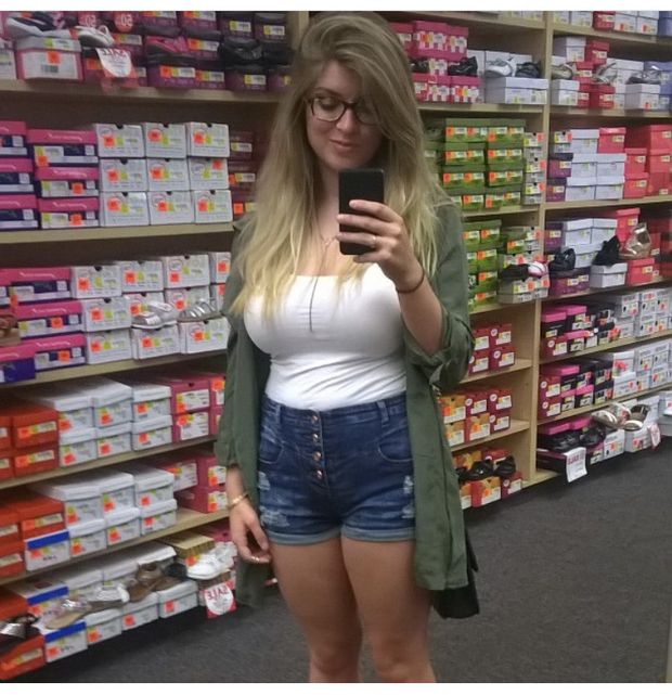 Shopping for shoes but those tits get all the attention