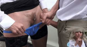 After spraying on her pussy the lady pulls her wet panties back up - she pulls her skirt down with a nice motion - Go to the video folder