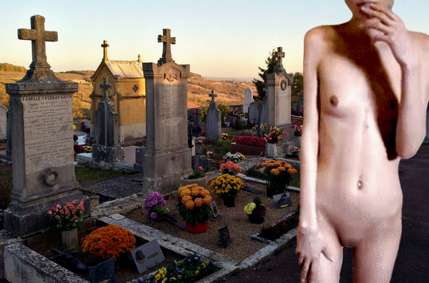 perfect skinny babe naked with beautiful body, small tits, shaved pussy & legs very sexy posing on cemetery