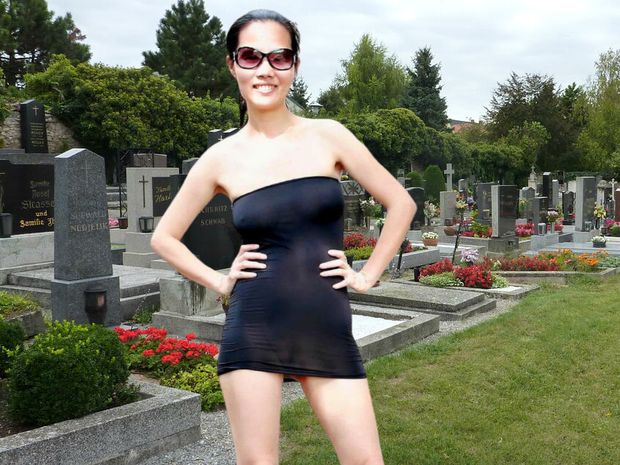 perfect babe without panties in transparent dress with beautiful body, tits, pussy & legs very sexy posing on ncemetery