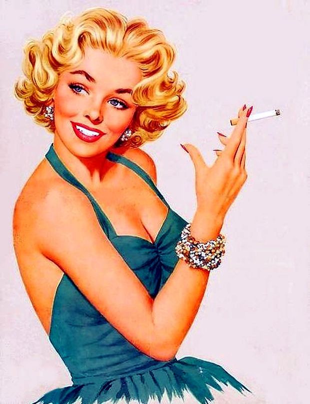 Vintage cartoon of a beautiful blonde smoking a cigarette.