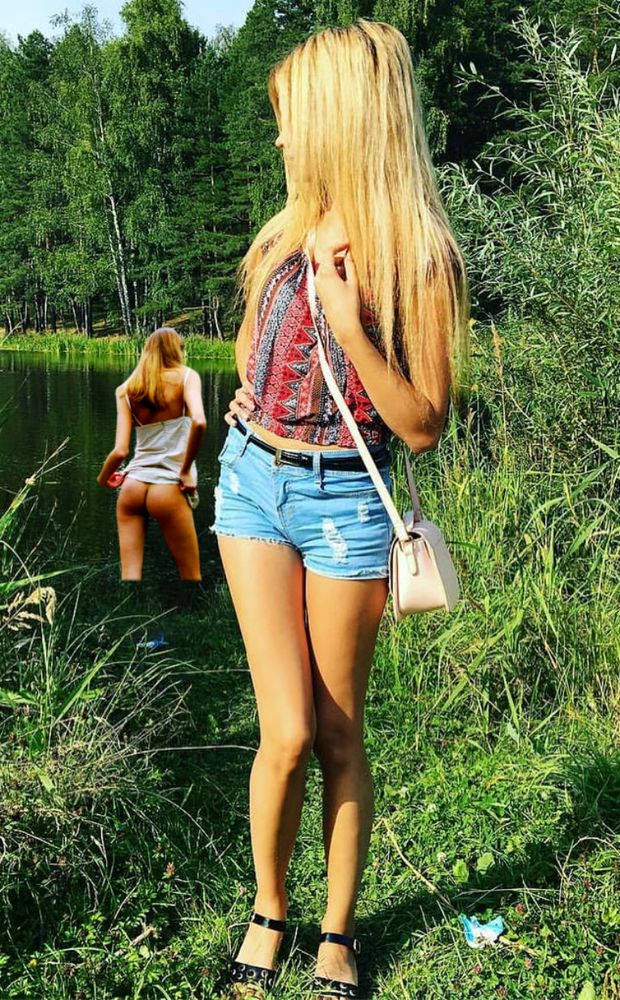 two perfect babes with beautiful bodies, asses & legs  very sexy posing in public on nature