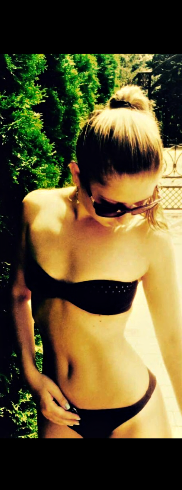 perfect babe with beautiful body & small tits in black lingerie very sexy posing on public on nature