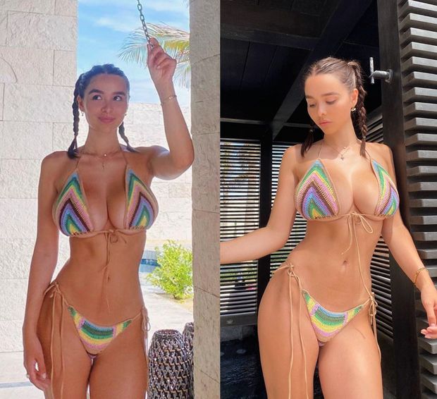Sophie Mudd takes a beach shower.