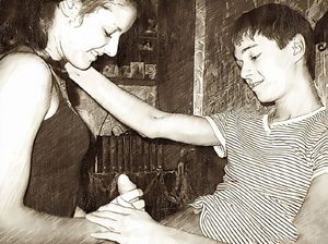 Youngg mother lovingly tugs at her son's cock