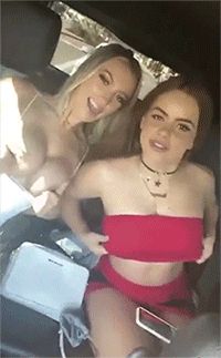 2 teens in car flashing big tits