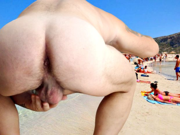 beautiful man naked show perfect ass & hold the big balls in his hand in public on the beach