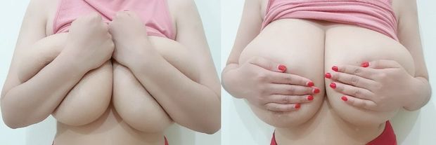 Huge boobs handbra hardly can be hidden