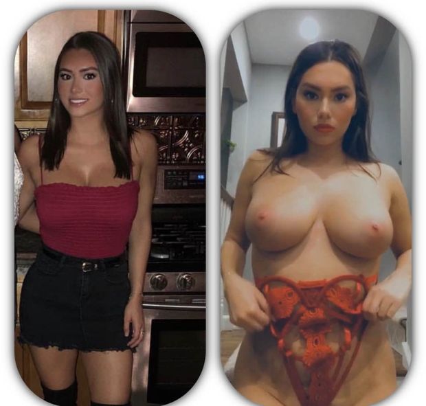 Gorgeous dressed undressed brunette with big tits