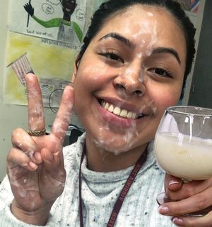 Hispanic teacher Carla gets a facial and enjoys a glass of cum