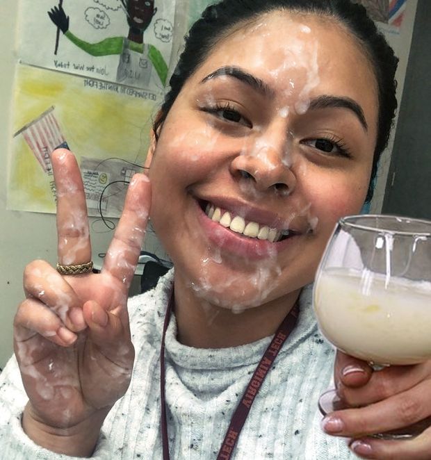 Hispanic teacher Carla gets a facial and enjoys a glass of cum