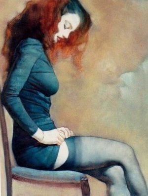 Redhead in blue stockings, painting by Paul Laurenzi