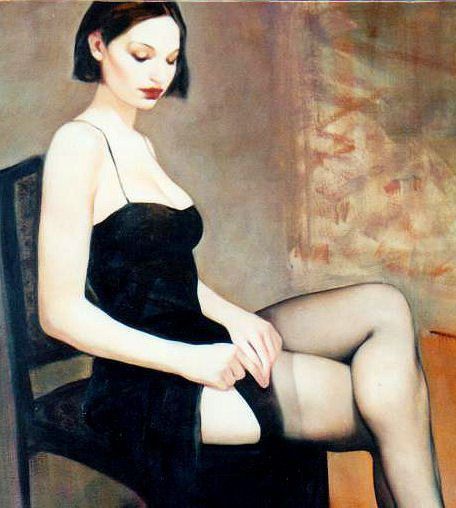 Short black hair and dress, painting by Paul Laurenzi