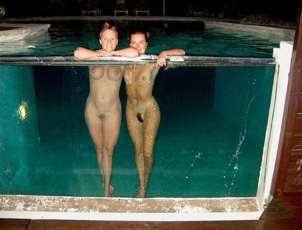 Two hairy gals in a pool tank