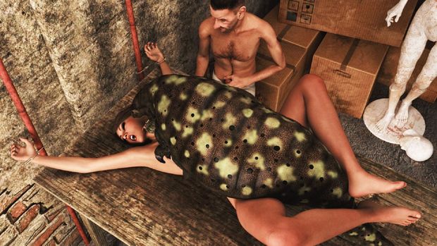 Tied on Bed being fucked by an insect