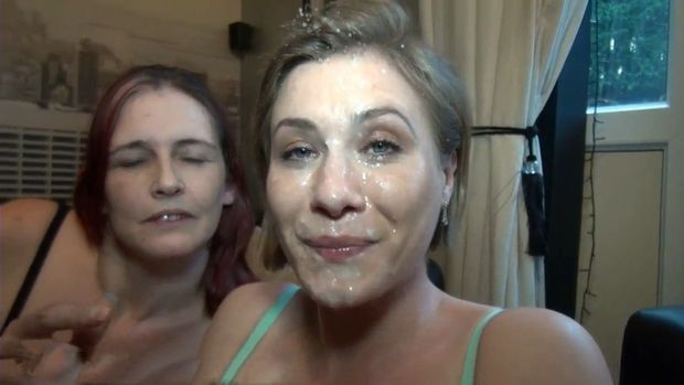 Sarah Steele proudly shows how much cum has been squirted into her pretty face - she is very satisfied - she likes wanking men