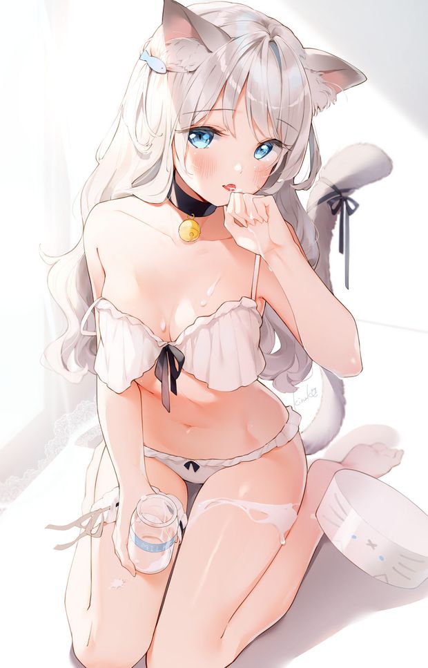 Cute adorable hentai silver-haired cat woman with blue eyes wearing a lingerie made a mess and is covered in milk. Made by 木なこ