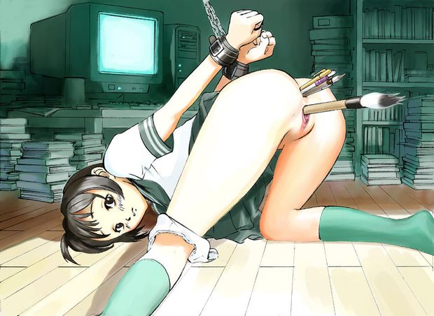 Tied up hentai gal using her art supplies all wrong