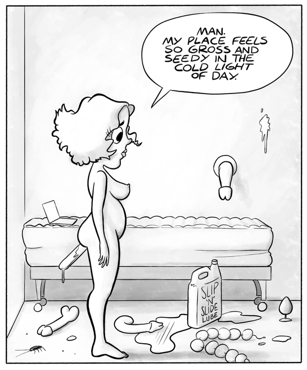 Gloria considers her filthy apartment with a dildo in her ass