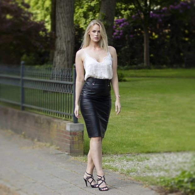 leather skirt and sandals