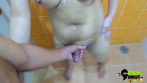 Busty Trans stroking two cocks