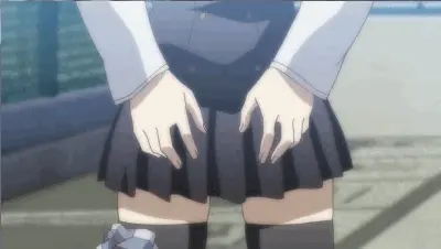 Lifting up a hentai skirt to show a hairy pussy