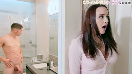 Busty stepmom perving on her stepson in bathroom before riding taboo cock