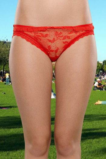 perfect skinny babe with wonderful body, shaved pussy & legs in red transparent panties undress & very sexy posing in public on nature