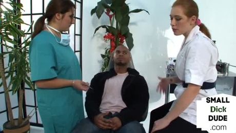 CFNM babes jerk tiny black dick at the dentist