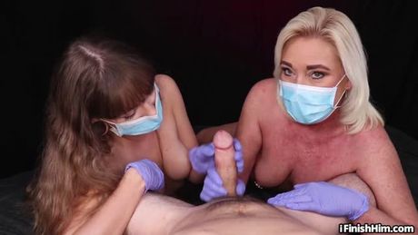 Masked milf tugging pov cock in kinky handjob