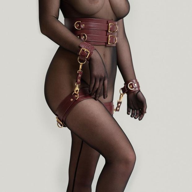 BDSM red leather harness restraints, from TheFPlay's etsy